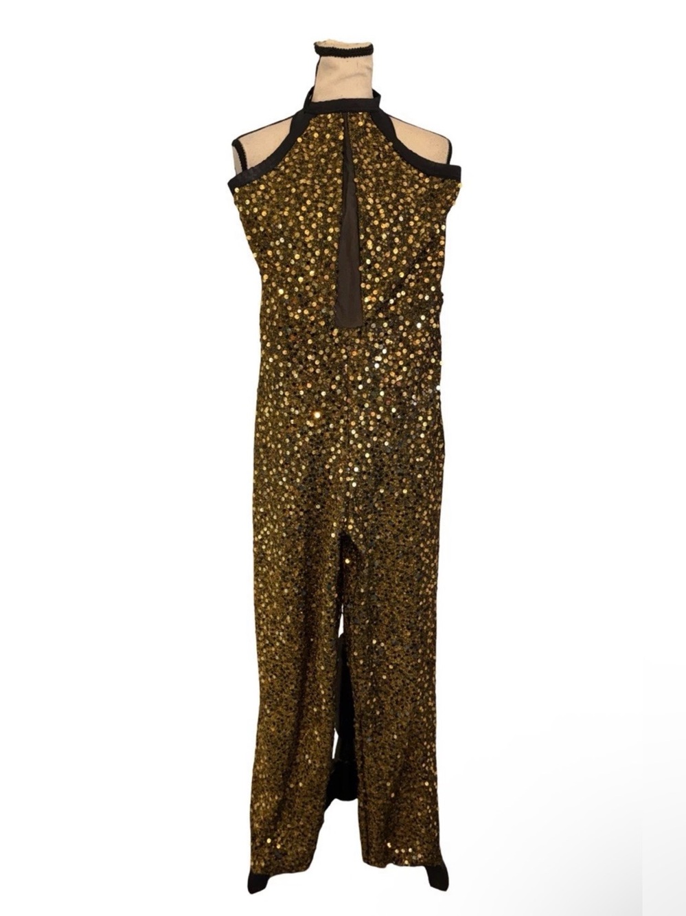 Weissman SA Gold Sequin Dance Jumpsuit Black Mesh Halter Competition Costume